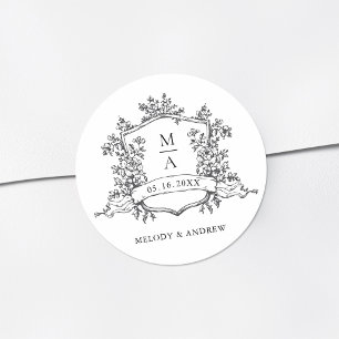 Svart & Vit Blommig Vapen Monogram Bröllop Runt Klistermärke