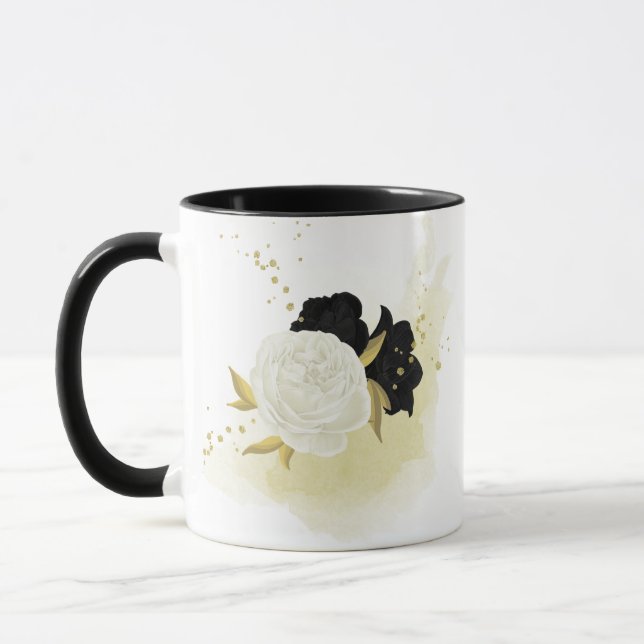 svart & vit blomsterguld  mugg (Vänster)