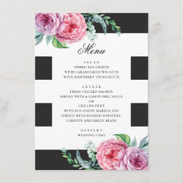Svart & vit boho bröllop. Akvarell rosa blommor Meny