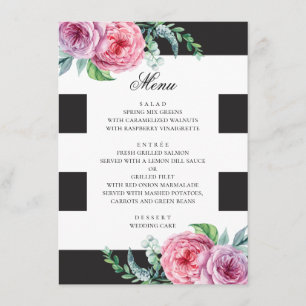 Svart & vit boho bröllop. Akvarell rosa blommor Meny