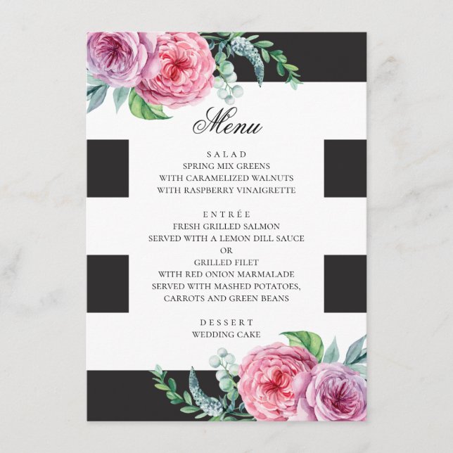 Svart & vit boho bröllop. Akvarell rosa blommor Meny (Framsida)