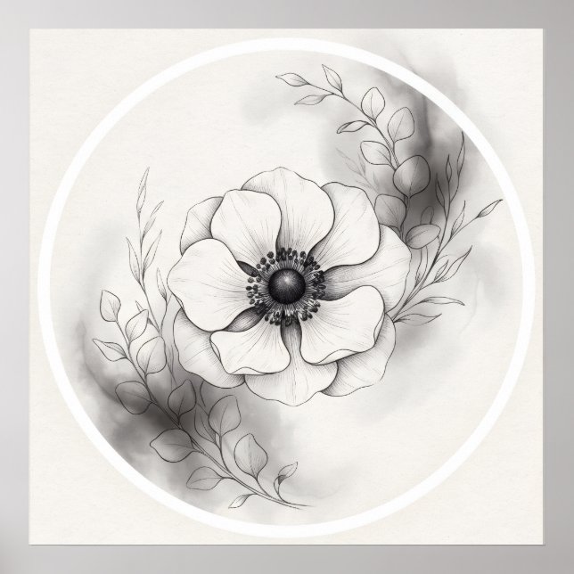 Svart Vit Botanisk Anemon Blomma Poster (Framsidan)