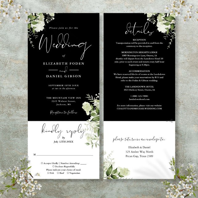 Svart Vit Botanisk Blommig Allt-i-ett Bröllop Inbjudningar (Black White Botanical Floral All In One Wedding Invitation)