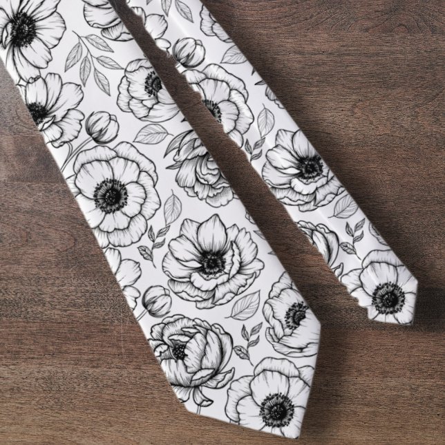 Svart Vit Botanisk Blommig Mönster Slips (Black White Botanical Floral Pattern neck tie)