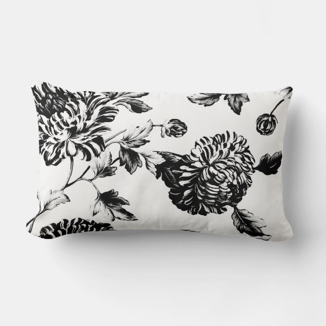 Svart & vit botaniska blom- Toile Lumbarkudde (Framsida)