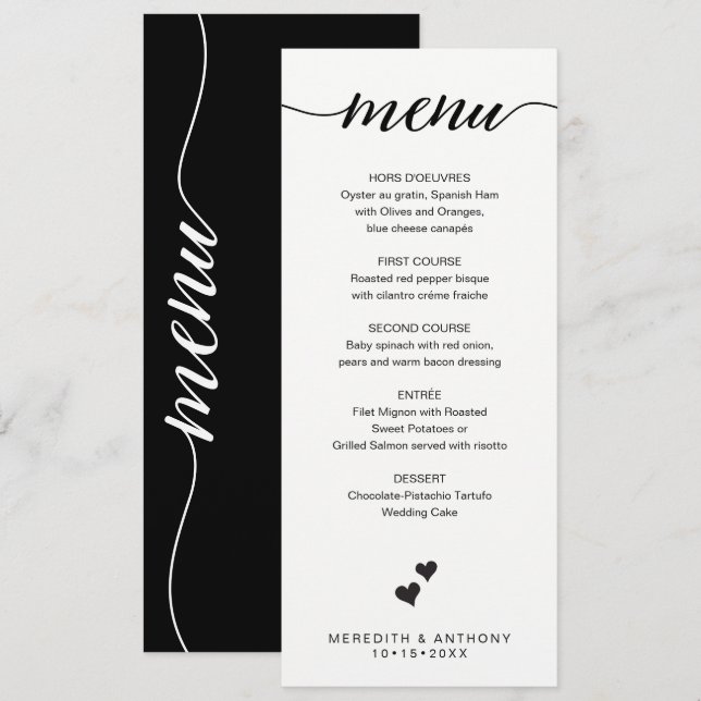 Svart vit Bröllop Menu Calligraphy minimalist Meny (Fram/baksida)