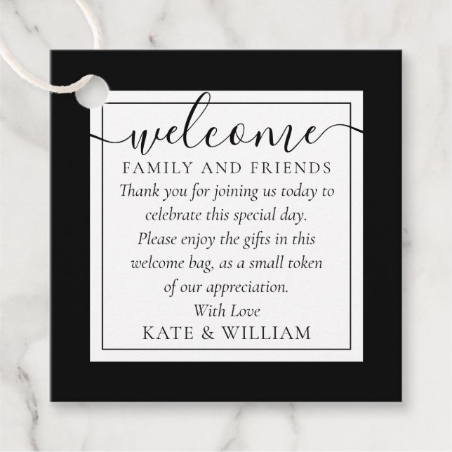 Svart Vit Bröllop Välkomstpresent Korgpåse Gåvor Etiketter (Framsida)