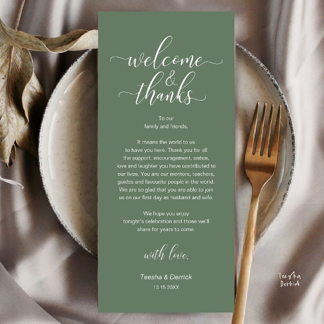 Svart Vit Bröllops Bordskort Tack Kort (Welcome and Thanks, Wedding Dinner Place Setting Thank You Card in Sage Green)