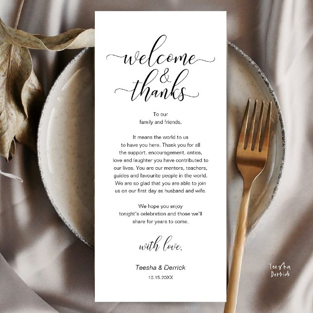 Svart Vit Bröllops Bordskort Tack Kort (Wedding Dinner Place Setting Thank You Card in Black and White)