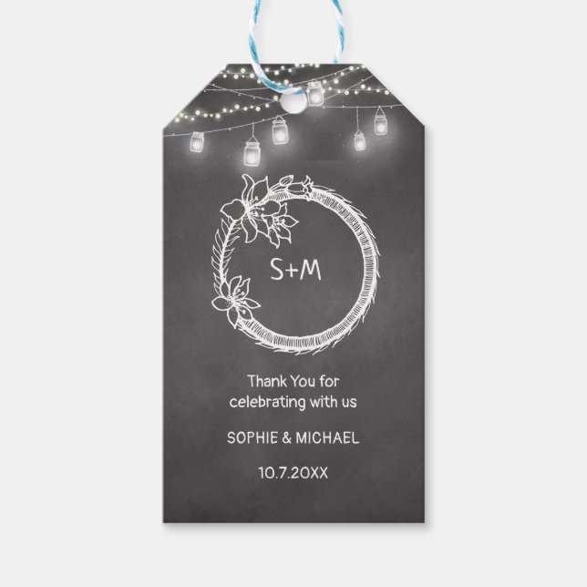 Svart Vit Bröllops Mason Kruk Chalkboard Presentetikett (Framsidan)