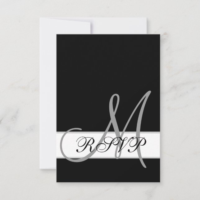 Svart Vit Bröllops-RSVP-kort med Monogram OSA Kort (Framsida)