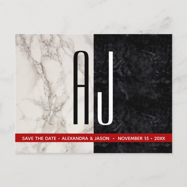 Svart-vit bröllopsinbjudan Spara datum-kort Meddelande Vykort (Framsida)