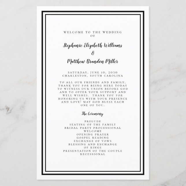 Svart & Vit Bröllopsscript Chic Ceremoni Program (Framsida)