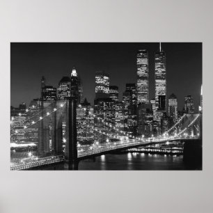 Svart Vit Brooklyn Bridge New York Natt Affisch