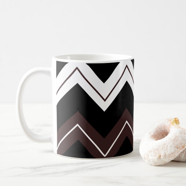 Svart Vit Brun Chevron Randig  Kaffemugg (Med munk)