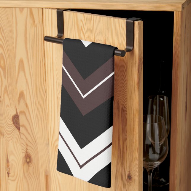 Svart Vit Brun Chevron Randig Kökshandduk (Thirds Fold)