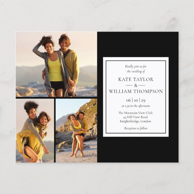 Svart-vit budgetbröllopsinbjudan med 4 bilder (Framsida)