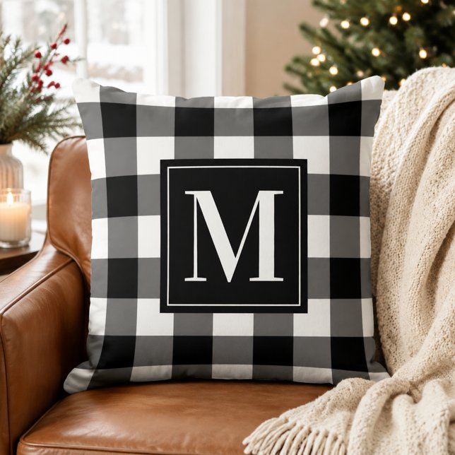 Svart Vit Buffalo Plaid Jul Monogram Kudde (Skapare uppladdad)