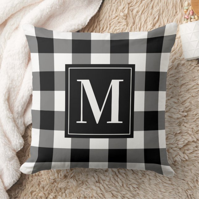 Svart Vit Buffalo Plaid Jul Monogram Kudde (Filt)