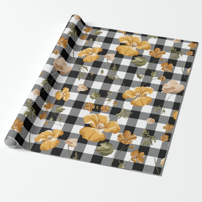 Svart Vit Buffel Kontroll & Gula Blommor Presentpapper (Utrullad)