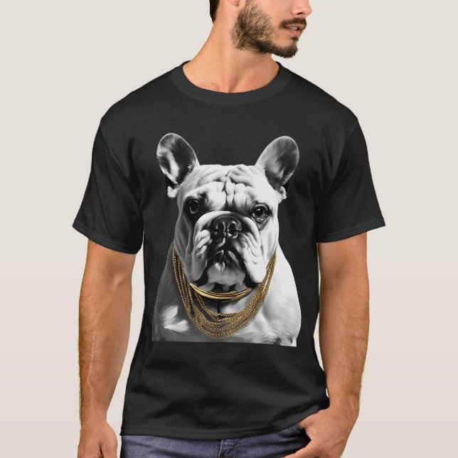 Svart&vit bulldog med guld t shirt (Framsida)