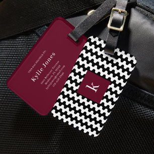 Svart Vit Burgunderdjärvt Vågigt Mönster Monogram Bagagebricka