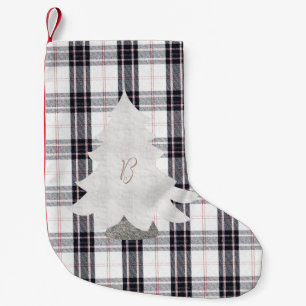 Svart&vit check/Tartan Träd Skriv ut liten bild Julstrumpa