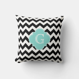 Svart Vit Chevron Aqua Fyrklöver Monogram Kudde