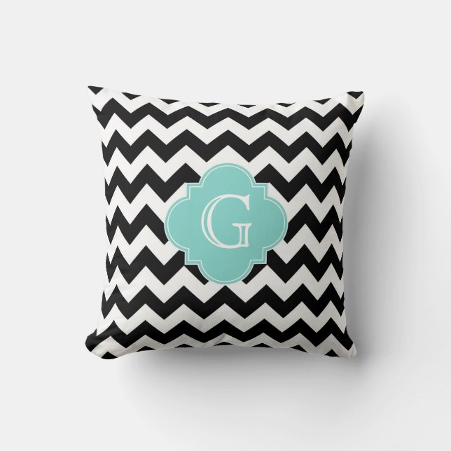 Svart Vit Chevron Aqua Fyrklöver Monogram Kudde (Framsida)