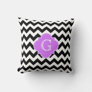Svart Vit Chevron Lila Fyrklöver Monogram Kudde