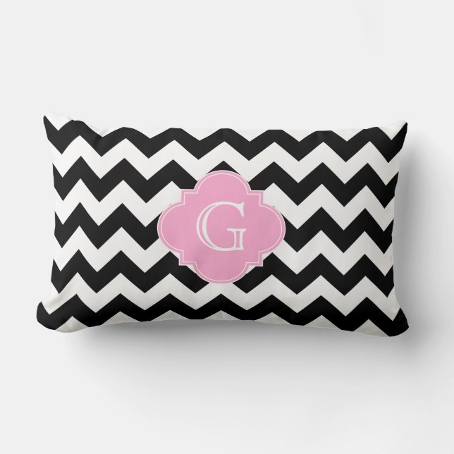 Svart Vit Chevron Rosa Quatrefoil Monogram Lumbarkudde (Framsida)