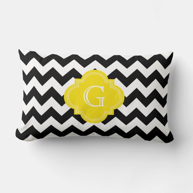 Svart Vit Chevron Sicksack Gul Monogram Lumbarkudde (Framsida)