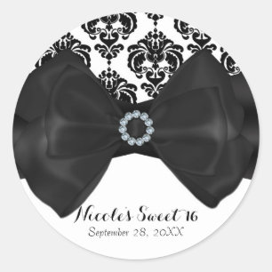 Svart & Vit Damask Bling Bow Glam Söt 16 Fests Runt Klistermärke