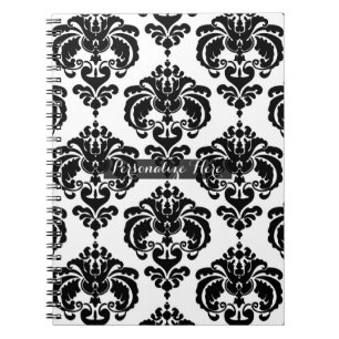 Svart & Vit Damask Chic Modern Elegant Mönster Anteckningsbok Med Spiral