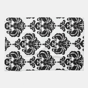 Svart & Vit Damask Chic Modern Elegant Mönster Kökshandduk