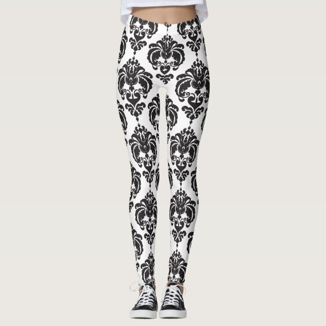 Svart & Vit Damask Chic Modern Elegant Mönster Leggings (Framsida)