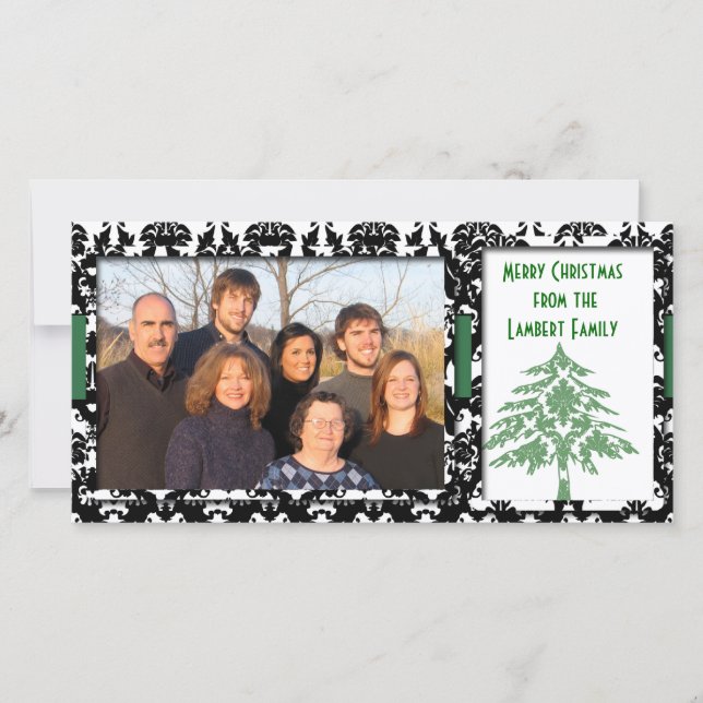 Svart & Vit Damask Grön Julgran God Jul Julkort (Framsida)