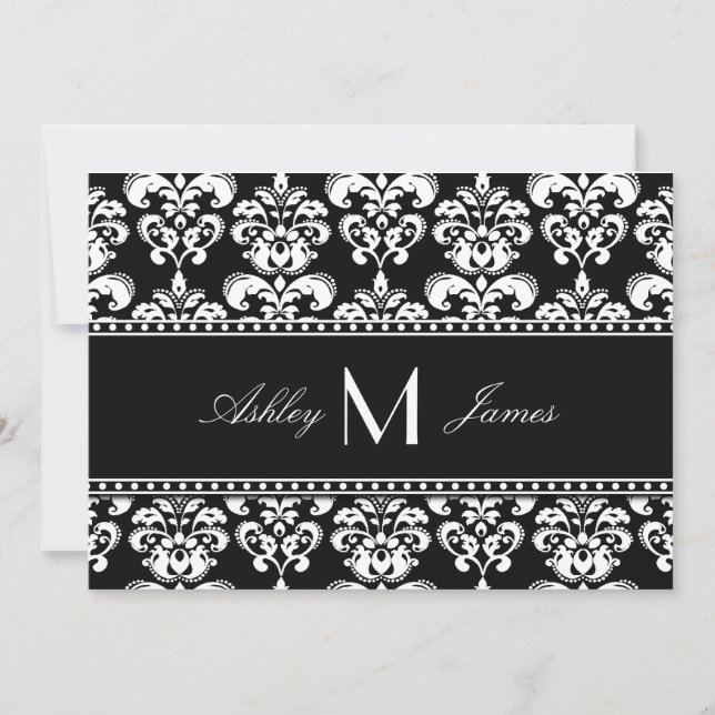 Svart Vit Damask Monogram Bröllop Spara Datum Datumet (Framsida)