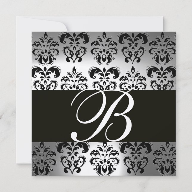 SVART & VIT DAMASK MONOGRAM champagne månmånsten Inbjudningar (Framsida)