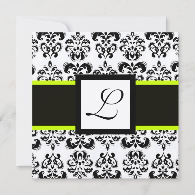 SVART VIT DAMASK MONOGRAM Champagne Metallisk Inbjudningar (Framsida)