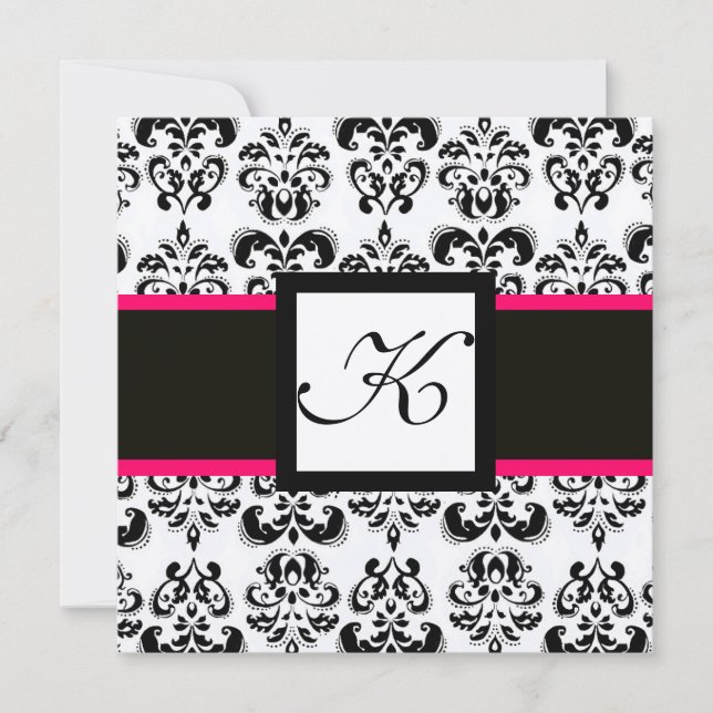 SVART VIT DAMASK MONOGRAM Champagne Metallisk Inbjudningar (Framsida)