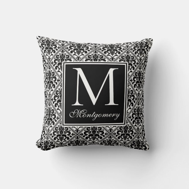 Svart Vit Damask Monogram Kudde (Framsida)