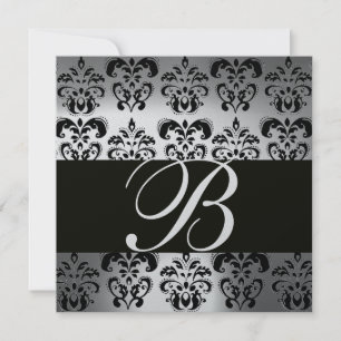 SVART & VIT DAMASK MONOGRAM silver månsten Inbjudningar
