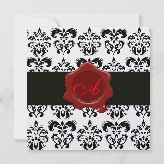 SVART & VIT DAMASK, RÖD VAXSIGILL MONOGRAM Ice Inbjudningar (Framsida)