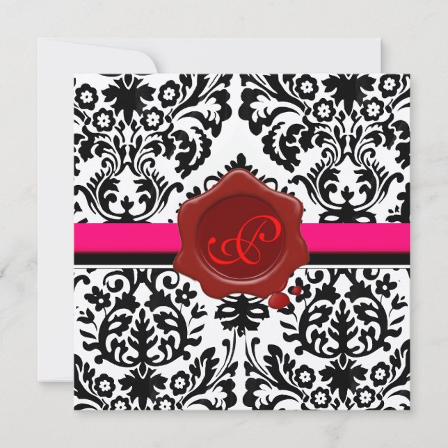 SVART & VIT DAMASK, RÖD VAXSIGILL MONOGRAM INBJUDNINGAR (Framsida)