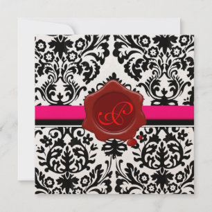 SVART & VIT DAMASK, RÖD VAXSIGILL MONOGRAM INBJUDNINGAR
