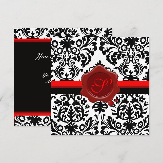 SVART & VIT DAMASK, RÖD VAXSIGILL MONOGRAM SILVER INBJUDNINGAR (Fram/baksida)