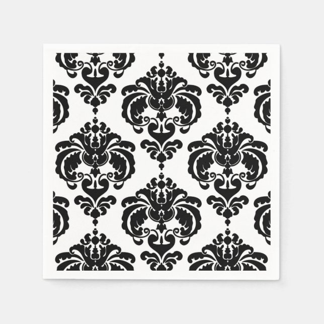 Svart & Vit Damask Vintage Bröllopshändelse Fest Pappersservett (Framsidan)