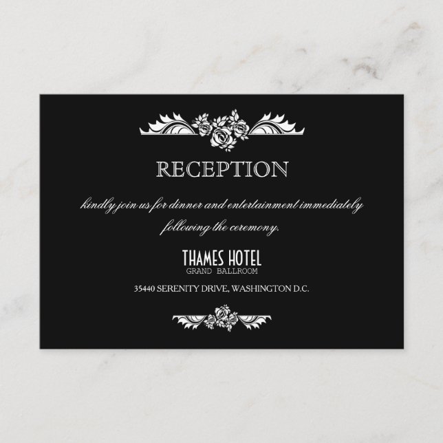 Svart & Vit Damaskros Bröllopsmottagning Kort (Framsida)