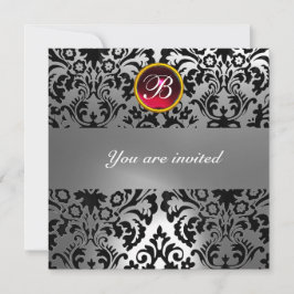 SVART & VIT DAMAST ÄDELSTEN MONOGRAM röd rubin Inbjudningar